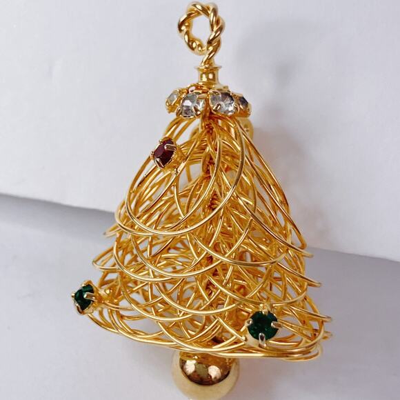 Vintage Gold Tone Rhinestone Christmas Tree Pendant Brooch Clip-On Earrings Set - Picture 9 of 9